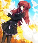  belt bird black_legwear blazer brown_eyes cloud dove game_cg hair_ornament jacket long_hair nanakase_yui necktie nekonade_distortion pantyhose red_hair skirt sky solo tree tsukinon 