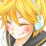  blonde_hair boy eyes_closed headphones kagamine_len lowres male male_focus naughty sailor_collar smile solo vocaloid white_background 