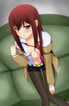  breasts brown_hair cleavage highres jacket kenken legwear_under_shorts long_hair makise_kurisu medium_breasts necktie open_clothes open_shirt pantyhose purple_eyes red_neckwear shirt shorts solo steins;gate 