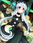  android black_legwear cleavage_cutout daiakuji dress elbow_gloves gloves hair_ornament long_hair navel purple_eyes seyada_tara silver_hair solo thighhighs urokozuki very_long_hair 