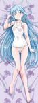  absurdres barefoot blue_eyes blue_hair breasts cameltoe casual_one-piece_swimsuit covered_nipples dakimakura denpa_onna_to_seishun_otoko face feet full_body futon highres long_hair medium_breasts nanashi_noiji one-piece_swimsuit solo swimsuit thigh_gap touwa_erio very_long_hair 