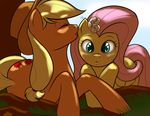  applejack_(mlp) blonde_hair blush cowboy_hat cutie_mark duo equine eyes_closed female feral flower fluttershy_(mlp) freckles friendship_is_magic fur green_eyes hair hat hi_res horse kloudmutt long_hair looking_at_viewer lying mammal my_little_pony on_front orange_fur outside pegasus pink_hair pony roots shocked simple_background tree whispering wings wood yellow_fur 