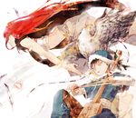  1girl bandages bird black_hair bow_(instrument) eagle feathers fur hat hawk instrument long_hair morin_khuur red_hair sarashi shut_hell shut_hell_(character) yaralt yellow_eyes yubari yurul 