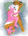  bed canine cuddle cuddling duo feline fur gay hybrid knox male mammal mustelid ottah otter penis pink pink_fur sheath tiger wolf wolger 