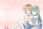  blue_drop brown_hair closed_eyes green_hair hairband hug long_hair multiple_girls rate_rapiku school_uniform senkouji_hagino short_hair simple_background smile socks wakatake_mari 