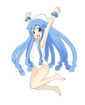  armpits arms_up barefoot blue_eyes blue_hair clenched_hands flat_chest hat ikamusume long_hair nakarin one-piece_swimsuit raised_fists shinryaku!_ikamusume solo swimsuit tentacle_hair white_swimsuit 