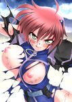  ahoge belt blood breasts cuts injury licking_lips lyrical_nanoha mahou_shoujo_lyrical_nanoha_strikers medium_breasts nipples nove_(nanoha) numbers_(nanoha) red_hair sakura_ryuuken short_hair solo tongue tongue_out torn_clothes yellow_eyes 