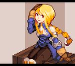  agrias_oaks armor blonde_hair braid final_fantasy final_fantasy_tactics gloves letterboxed long_hair lowres miranko pixel_art single_braid sitting solo 