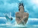  blue_background breasts edit female fin mermaid photo_manipulation plain_background real solo topless unknown_artist wallpaper water wave waves 