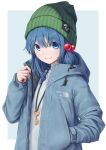  1girl adapted_costume bangs blue_background blue_eyes blue_hair blue_jacket border brand_name_imitation casual commentary_request contemporary copyright_name dtvisu eyebrows_visible_through_hair green_hat hair_between_eyes hair_bobbles hair_ornament hand_in_pocket hand_up hat highres hood hooded_jacket jacket kawashiro_nitori key knit_hat long_hair long_sleeves looking_at_viewer mountain_of_faith open_clothes open_jacket outside_border shirt simple_background smile solo the_north_face touhou two_side_up upper_body white_border white_shirt 