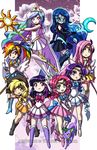  6+girls adjusting_clothes adjusting_hat applejack back_bow bishoujo_senshi_sailor_moon blonde_hair blue_eyes blue_hair boots bow celestia_(my_little_pony) cosplay cowboy_hat crescent_moon fluttershy gloves green_eyes hat layered_skirt long_hair low-tied_long_hair luna_(my_little_pony) mask moon multicolored multicolored_clothes multicolored_hair multicolored_skirt multiple_girls my_little_pony my_little_pony_friendship_is_magic nightmare_moon one_eye_closed parody personification pink_hair pinkie_pie pleated_skirt ponytail purple_eyes purple_hair rainbow_dash rarity red_eyes sailor_senshi sailor_senshi_costume sailor_senshi_uniform sandra_chiem skirt spike_(my_little_pony) staff streaked_hair sun thigh_boots thighhighs tiara twilight_sparkle very_long_hair watermark western 
