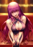  1girl absurdres bangs bare_shoulders black_dress blush breasts cleavage criss-cross_halter dress fate/grand_order fate_(series) fujifuji924 hair_between_eyes halterneck highres hips large_breasts long_hair looking_at_viewer open_mouth purple_hair red_eyes scathach_(fate)_(all) scathach_(fate/grand_order) sitting smile solo thighs 