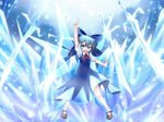  blue blue_background blue_eyes blue_hair bow cirno crystal_sword dress hair_bow ice kimagure_ringo mary_janes outstretched_arm pointing pointing_up shoes short_hair solo sword touhou weapon 