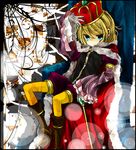  abstract_background blue_eyes cape capelet cosplay crown female frilled_sleeves frills girl gloves hand_on_hat hand_on_headwear hat high_boots hirugao_rinonto_(onakaponpokorin) kagamine_rin king mantle pantyhose red_cape scepter sitting solo throne tights vocaloid wide_sleeves 