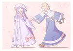 alice_margatroid alternate_costume bangs blonde_hair blue_eyes blunt_bangs blush book bow capelet crescent dress hair_ornament hat holding_hands long_hair multiple_girls ogata_hiro open_mouth patchouli_knowledge purple_eyes purple_hair ribbon short_hair striped touhou 