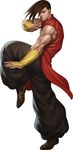  absurdres baggy_pants bangs bridal_gauntlets brown_hair chinese_clothes fighting_stance highres male_focus muscle official_art pants shoes sneakers solo stanley_lau street_fighter street_fighter_iii_(series) yang_lee 