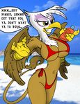  anthrofied avian beach big_breasts bikini breasts camel_toe claws cleavage clothed clothing english_text feathers female friendship_is_magic gilda_(mlp) gryphon king-cheetah my_little_pony pinky_pie_(mlp) seaside skimpy solo suntan_lotion suntan_oil swimsuit text tight_clothing wings wolf_nanaki_(artist) 