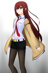  belt brown_hair highres jacket kenken legwear_under_shorts long_hair makise_kurisu necktie pantyhose purple_eyes red_neckwear shorts solo steins;gate 