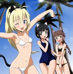  :d :o ;d animal_ears armpits bikini black_eyes black_hair blonde_hair blue_eyes braid brown_eyes brown_hair cat_ears charlotte_lueder glasses highres inagaki_mami kitano_furuko lens_flare long_hair multiple_girls navel one-piece_swimsuit one_eye_closed open_mouth outstretched_arms school_swimsuit short_hair smile spread_arms swimsuit tail thigh_gap tokiani v_arms world_witches_series 