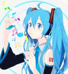  ahoge bad_id bad_pixiv_id banned_artist blue_eyes blue_hair detached_sleeves eating harano hatsune_miku long_hair musical_note nail_polish necktie solo twintails vocaloid 