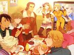  6+boys antonio_lopez bad_id bad_pixiv_id bare_shoulders barnaby_brooks_jr blonde_hair blue_eyes blue_hair blue_jacket blue_rose_(tiger_&amp;_bunny) blush bomber_jacket brown_eyes brown_hair brown_legwear bruce_lee's_jumpsuit cabbie_hat chest_hair closed_eyes dark_skin earrings eating facial_hair glasses green_eyes hat huang_baoling ivan_karelin jacket jewelry jumpsuit kaburagi_t_kotetsu karaoke karina_lyle keith_goodman letterman_jacket lipstick makeup microphone multiple_boys multiple_girls nathan_seymour necklace one_eye_closed pink_hair purple_eyes purple_jacket red_jacket ring short_hair stubble television temk thighhighs tiger_&amp;_bunny v-neck vest zettai_ryouiki 