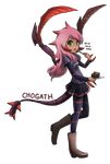  boots cake cherry cho'gath eating food fork fruit full_body genderswap genderswap_(mtf) green_eyes league_of_legends long_hair open_mouth pikaboots pink_hair plate shirt skirt solo spikes t-shirt tail transparent_background 