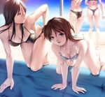  all_fours ass bad_id bad_pixiv_id barefoot beach bikini black_hair breasts brown_hair collarbone day face hands large_breasts long_legs multiple_girls original rezi shiny shiny_clothes shiny_skin swimsuit 
