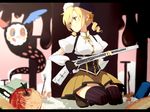  against_wall apple beret blonde_hair blurry boots breasts brown_legwear charlotte_(madoka_magica) chocolate corset depth_of_field detached_sleeves drill_hair fingerless_gloves food fork fruit gloves gun hair_ornament hairpin hat highres letterboxed magical_girl magical_musket mahou_shoujo_madoka_magica medium_breasts n_i_n_o pleated_skirt puffy_sleeves ribbon rifle shirt skirt solo squatting striped striped_legwear taut_clothes taut_shirt thighhighs tomoe_mami twin_drills twintails vertical-striped_legwear vertical_stripes weapon witch's_labyrinth yellow_eyes zettai_ryouiki 