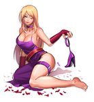  ass bare_shoulders barefoot black_panties blonde_hair blue_eyes bonne_jenet breasts choker cleavage elbow_gloves fatal_fury feet fingerless_gloves gloves high_heels large_breasts legs long_hair mark_of_the_wolves one_eye_closed panties shoes side_slit snk solo thigh_strap thighs tot underwear 