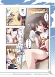  ascot bibi blonde_hair blush bow breasts broom brown_eyes brown_hair cleavage comic detached_sleeves fan frills hair_bow hair_tubes hakurei_reimu hat hat_bow kirisame_marisa long_hair multiple_girls navel one_eye_closed open_mouth panties paper_fan sitting small_breasts sweat touhou translated uchiwa underwear white_panties yellow_eyes 