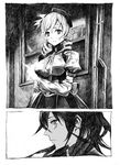  akemi_homura arm_warmers beret comic doujinshi graphite_(medium) greyscale hat long_hair magical_girl mahou_shoujo_madoka_magica monochrome multiple_girls nobita profile ribbon ringlets scratches short_sleeves silent_comic tomoe_mami traditional_media 