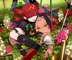  1girl animal_ears ass bad_id bad_pixiv_id bellflower blood boots bunny_ears crazy_eyes denim2 flower garter_belt grass hand_on_another's_face heart lily_of_the_valley lying monster original red_hair sword thighhighs twintails weapon 