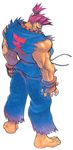  90s barefoot beads clothes_writing dark_skin dark_skinned_male fingerless_gloves from_behind gloves gouki heaven_(kanji) highres male_focus muscle official_art prayer_beads red_hair solo street_fighter street_fighter_ii_(series) topknot torn_clothes torn_sleeves 