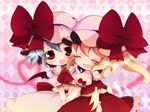  ascot bow chibi closed_eyes cuddling doily fangs flandre_scarlet happy haru_(citron_citron) hat hat_bow heart highres holding_hands multiple_girls nervous no_nose remilia_scarlet short_hair siblings sisters surprised touhou 