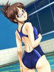  akizuki_ritsuko ass brown_eyes brown_hair competition_swimsuit folded_ponytail glasses idolmaster idolmaster_(classic) idolmaster_2 long_hair looking_back muhi11234 one-piece_swimsuit solo swimsuit 