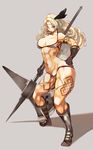  abs amazon_(dragon's_crown) bikini black_gloves blonde_hair blue_eyes breasts dragon's_crown gloves halberd large_breasts long_hair muscle muscular_female polearm solo swimsuit utu weapon 