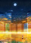  bell bird brown_hair building cloud cross flower full_moon hat highres leaf lily_pad moon original ripples scenery skirt sky solo sunset tower tree wading water witch_hat yatsude 