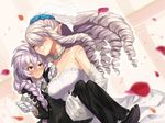  blush braid breasts carrying couple dress drill_hair formal fur gloves hair_over_one_eye jewelry large_breasts long_hair multiple_girls necklace necktie pant_suit paws pearl_necklace petals pixiv_fantasia pixiv_fantasia_5 pointy_ears princess_carry red_eyes ringlets silver_hair smile suit sumith veil wedding_dress wife_and_wife yellow_eyes yuri 