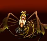  arachne bad_id bad_pixiv_id blonde_hair bow breast_squeeze breasts bug hair_bow insect_girl kurodani_yamame large_breasts leg_hair monster_girl multiple_legs navel no_nipples nude open_mouth red_eyes solo spider spider_girl teeth touhou ueda_katsuhito 