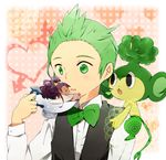  1girl 310_(satopoppo) bad_id bad_pixiv_id chibi dent_(pokemon) gen_5_pokemon green_eyes green_hair heart in_container iris_(pokemon) minigirl pansage pokemon pokemon_(creature) pokemon_(game) pokemon_bw short_hair 