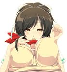  1girl asuka_(senran_kagura) blush breasts brown_eyes brown_hair censored hair_ribbon hetero large_breasts paizuri paizuri_under_clothes penis pointless_censoring ribbon scarf senran_kagura senran_kagura_shoujo-tachi_no_shin'ei shiki_(psychedelic_g2) simple_background solo_focus sweater_vest upper_body 