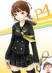  =_= absurdres ascot bad_id bad_nicoseiga_id blush brown_eyes brown_hair closed_eyes cuffs doujima_nanako dual_persona eyewear_removed glasses handcuffs highres holding holding_eyewear imagining older open_mouth persona persona_4 pleated_skirt reio_reio saliva school_uniform short_twintails skirt teenage thighhighs twintails what_if zettai_ryouiki 