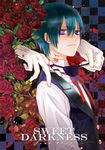  bleeding blood blood_splatter blue_hair ciel_phantomhive cuts disembodied_limb earrings eyepatch eyepatch_removed flower gloves heterochromia injury jewelry kuroshitsuji looking_at_viewer male_focus pentagram petals red_flower red_rose ribbon rose rose_petals solo symbol-shaped_pupils vest yooani 