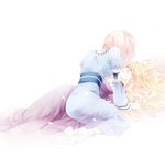  back blonde_hair blue_dress cherry_blossoms dress highres long_hair lying multiple_girls no_hat no_headwear on_back petals pink_hair purple_dress purple_eyes ribbon saigyouji_yuyuko short_hair socks touhou yakumo_yukari yoshida_nishi 