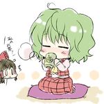  0_0 2girls :&lt; =_= ahoge ascot blush bow brown_hair chibi cushion drinking green_hair hair_bow hair_tubes hakurei_reimu kazami_yuuka large_bow lowres mokku multiple_girls plaid plaid_skirt plaid_vest seiza short_hair sitting skirt skirt_set touhou translated vest 