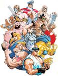  6+boys 90s american_flag_tattoo balrog blanka chun-li dhalsim earrings edmond_honda everyone facepaint fighting_stance guile highres jewelry ken_masters m_bison multiple_boys muscle necklace nishimura_kinu official_art ryuu_(street_fighter) sagat skull skull_necklace street_fighter street_fighter_ii_(series) tattoo vega zangief 