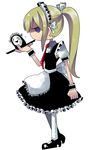  apron bad_id bad_pixiv_id blonde_hair bow full_body hair_bow long_hair maid maid_headdress mary_janes mogeko_(okegom) pantyhose poniko ponytail shoes simple_background solo tray uboa yume_nikki 