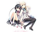  2girls black_hair blonde_hair green_eyes h2so4 long_hair pantyhose petals red_eyes seifuku white 