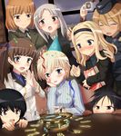  6+girls aleksandra_i_pokryshkin black_eyes black_hair blonde_hair blue_eyes blush brave_witches brown_eyes chin_rest closed_eyes cup edytha_rossmann eila_ilmatar_juutilainen garrison_cap georgette_lemare gloves gundula_rall hairband hands_together hat hi-ho- highres kanno_naoe military military_uniform multiple_girls music_box nikka_edvardine_katajainen open_mouth orange_hair sanya_v_litvyak shimohara_sadako short_hair smile strike_witches tonttu twintails uniform waltrud_krupinski world_witches_series 