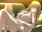  bad_id bad_pixiv_id blonde_hair breasts couch covered_nipples face hands hoshii_miki idolmaster idolmaster_(classic) large_breasts long_hair lying sashisu smile solo yellow_eyes 